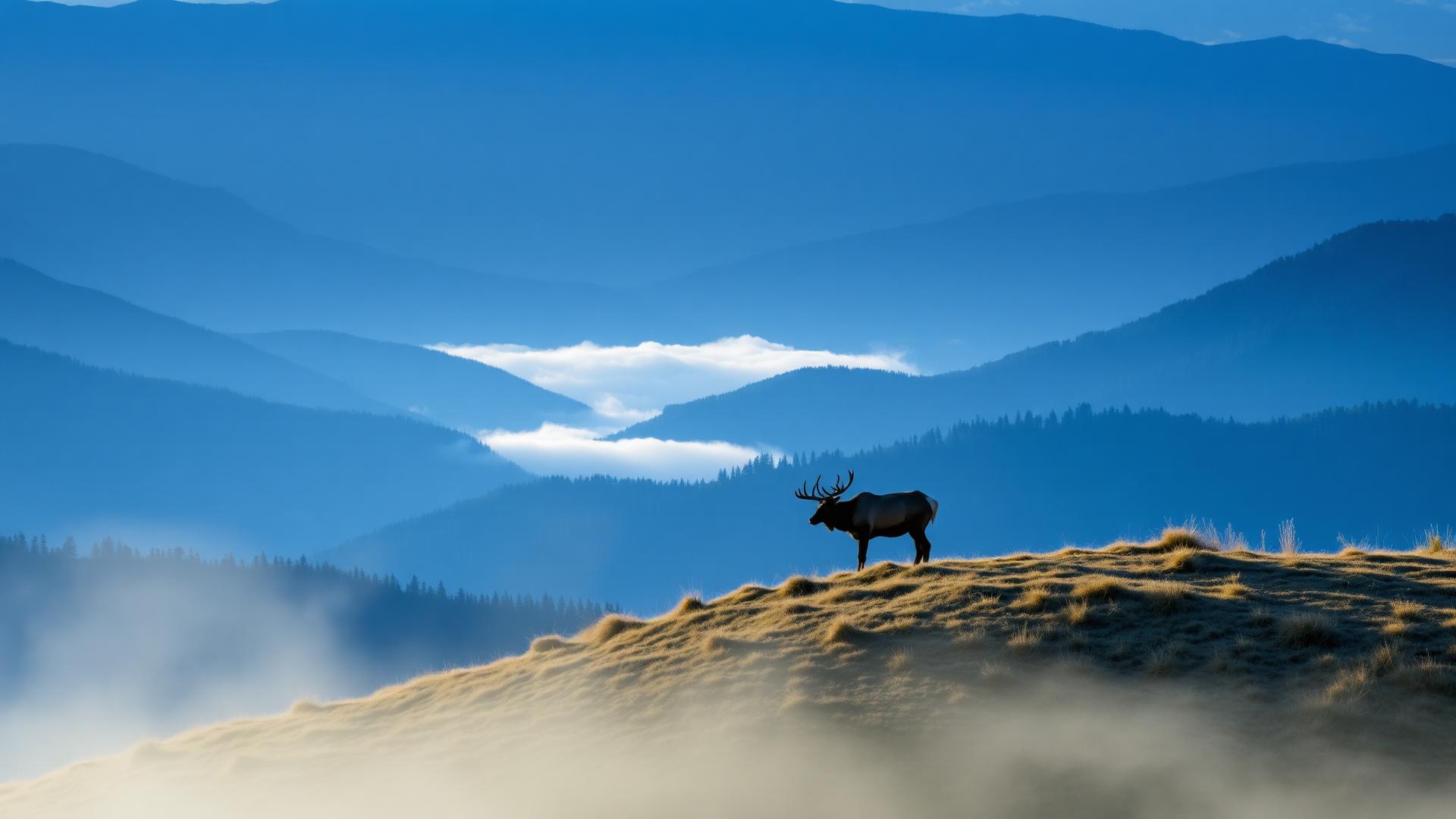 An elk standing on a high ridge above the valley