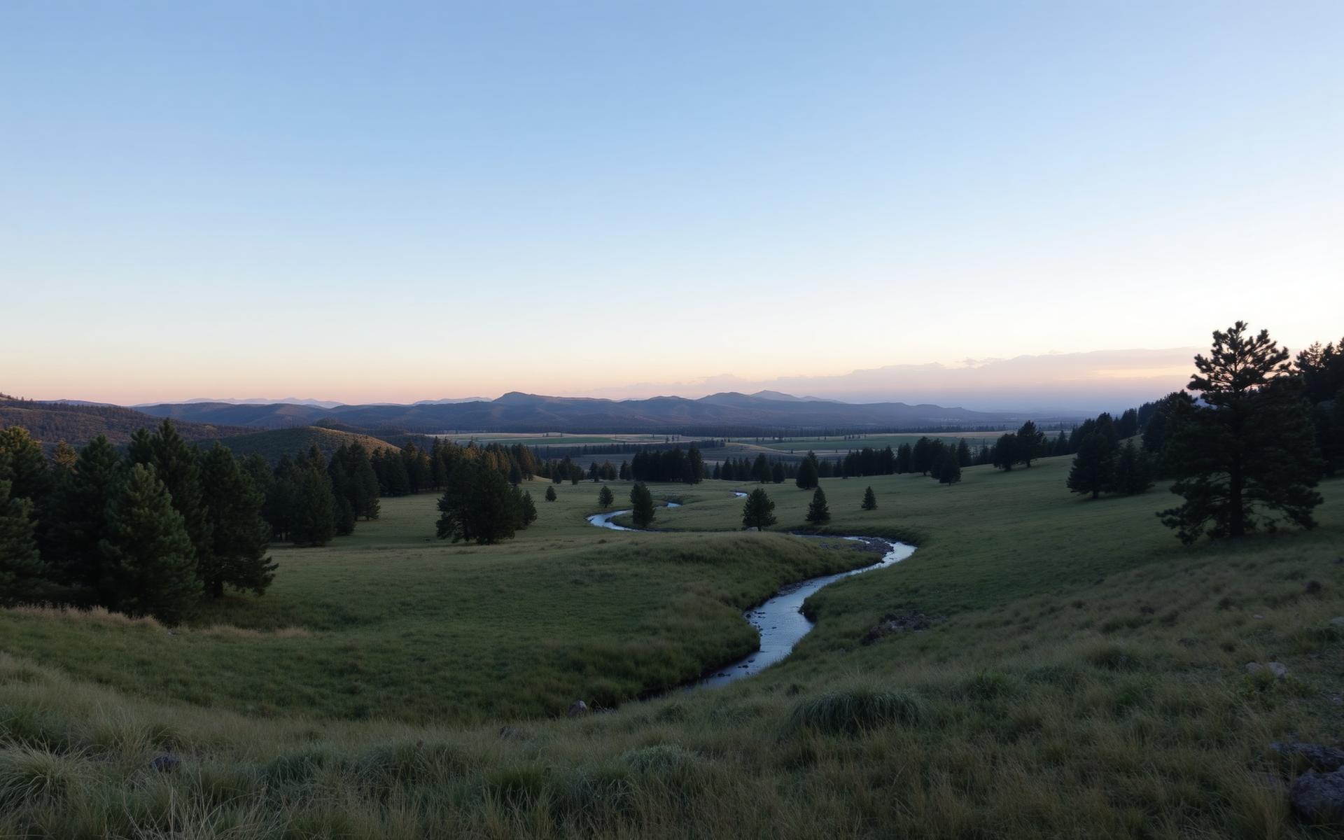 Two people walking a foothills ridge above the valley at first light