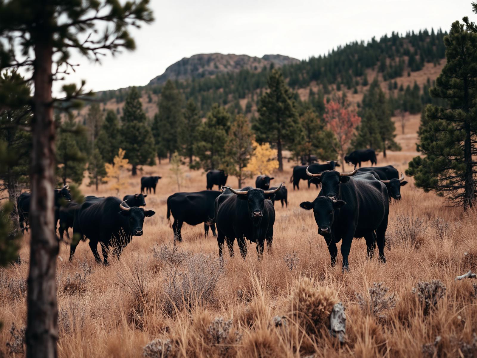 Cattle grazing on dry grass among open ponderosa pine in the foothill backcountry