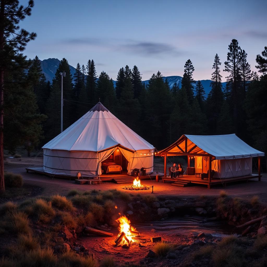 Cow Camp at dusk: yurt, tent platforms, and campfire along Cedar Creek