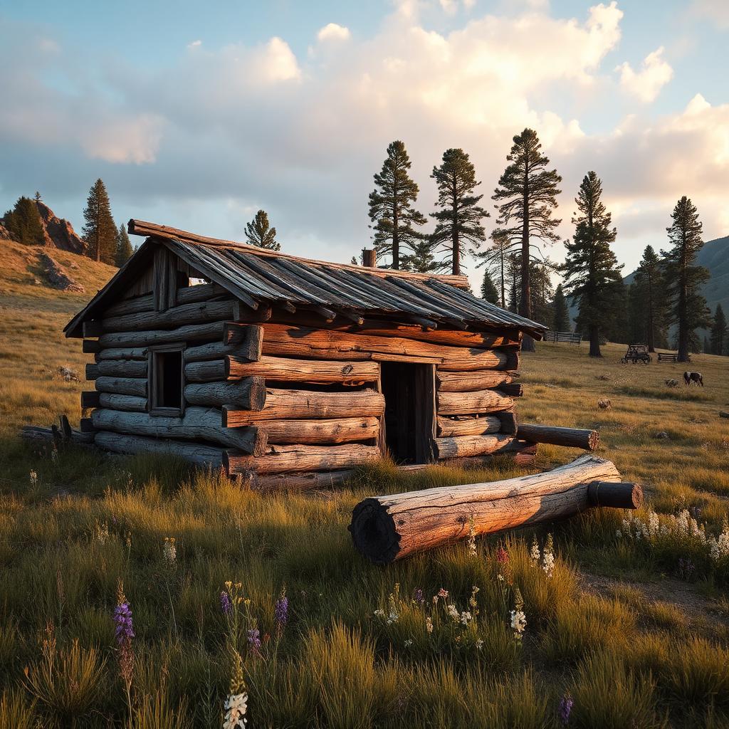 Historic weathered log cow camp cabin in a mountain meadow
